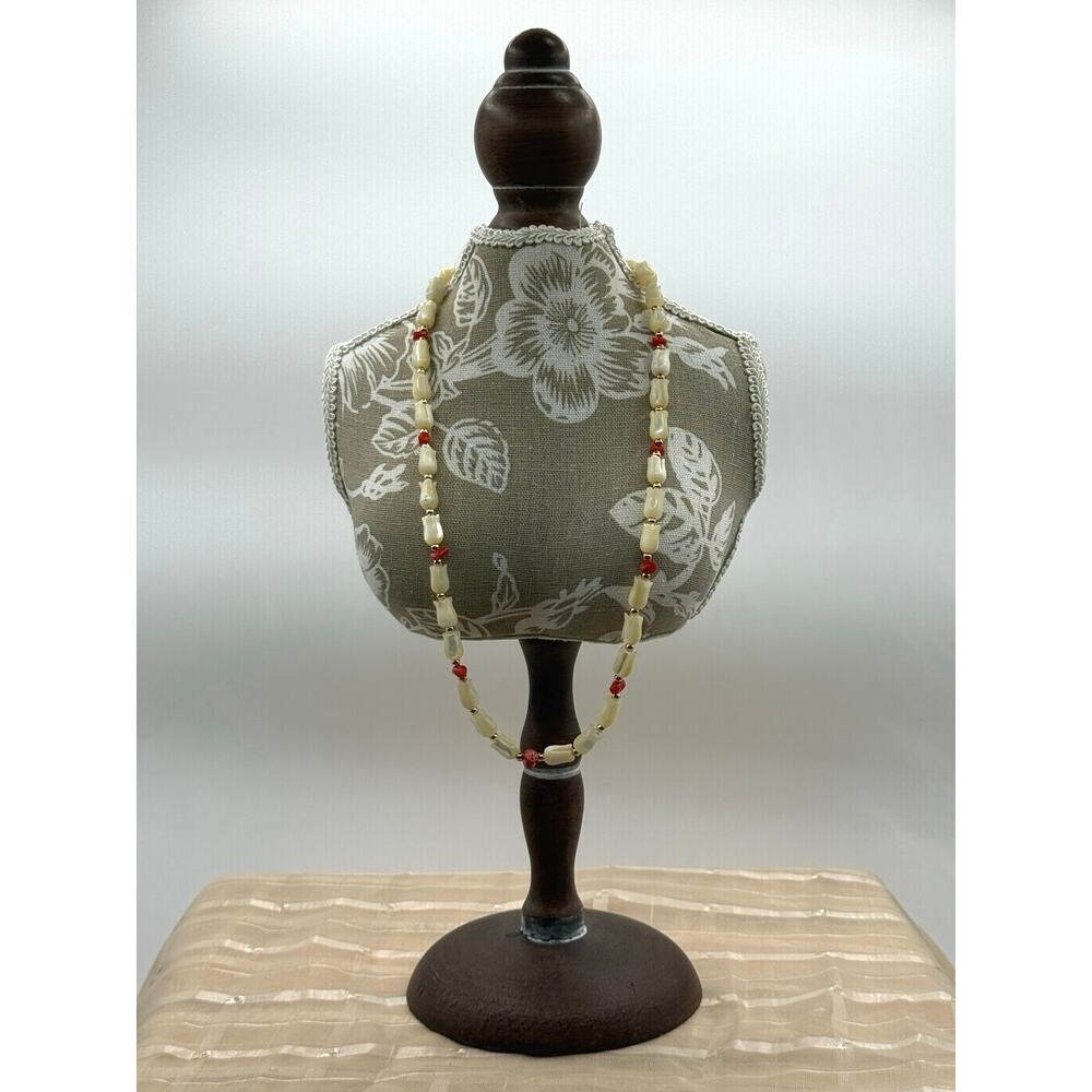 Vintage Carved Faux-Coral and Mother-of-Pearl Tulip Bead Necklace - 19”